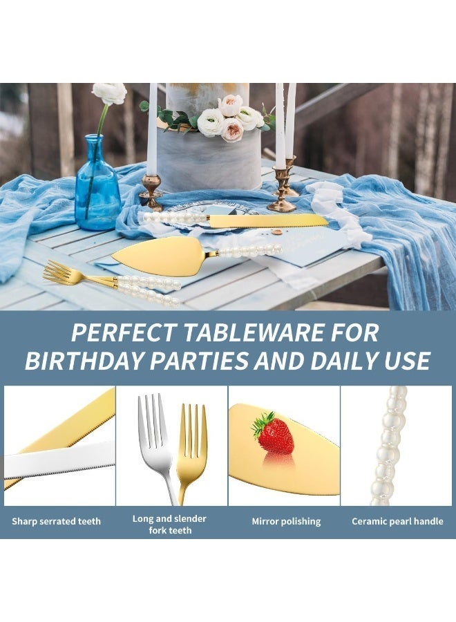 LBMT 4 PCS Pearl Cake Serving Set,Wedding Cake Knife and Server Set with Forks,Cake Cutting Set with Stainless Steel Serrated Edges Pearl Handle Cake Cutting Set ,Stainless Steel PieCutter Pizza Spatula, Wedding/Birthday/Anniversary Bridal Gift, Engagement Gift for Couples (Gold) - Image 5